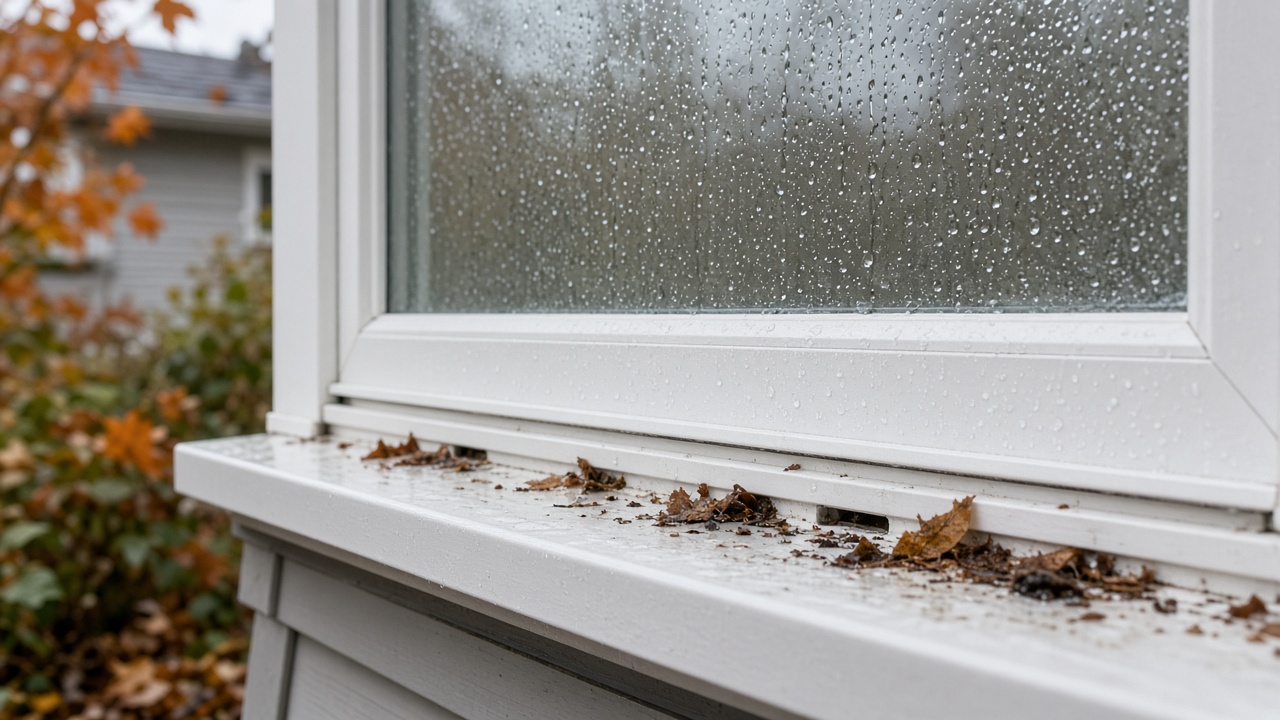 Vinyl window sill with fall leaf debris near weep drainage slots on a rainy Metro Vancouver home exterior