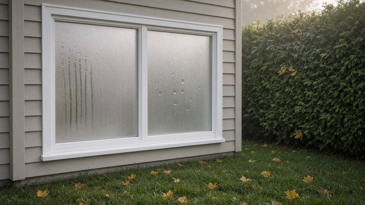 Dew fog on the outside of a double-pane home window on an early fall morning in Metro Vancouver