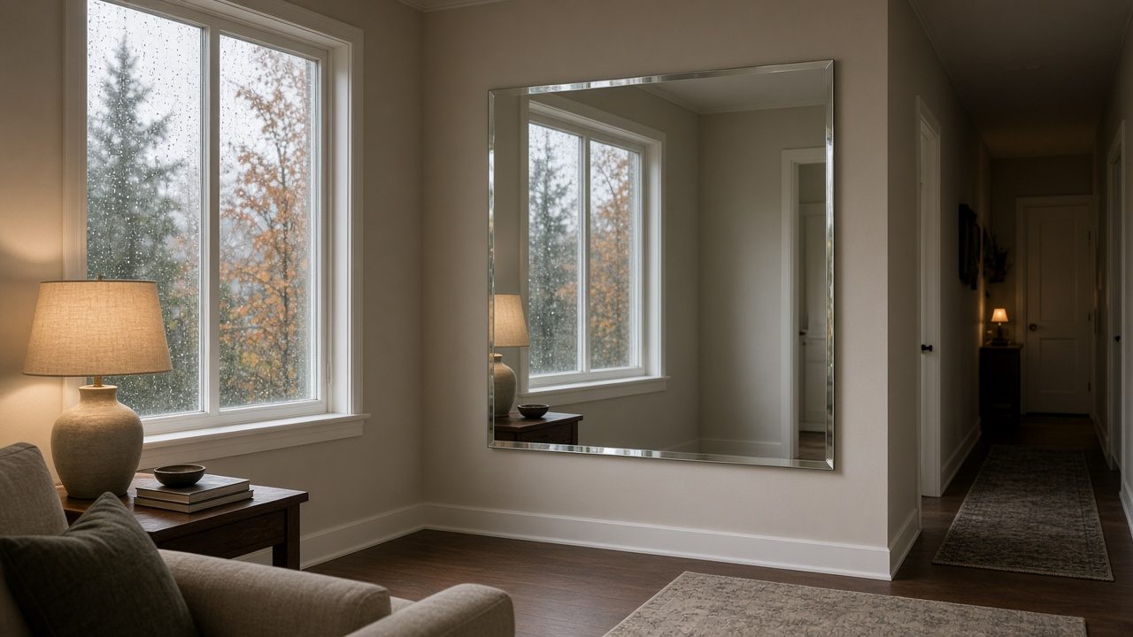 Large custom wall mirror reflecting daylight from a rainy window into a Metro Vancouver living room on a grey fall afternoon.