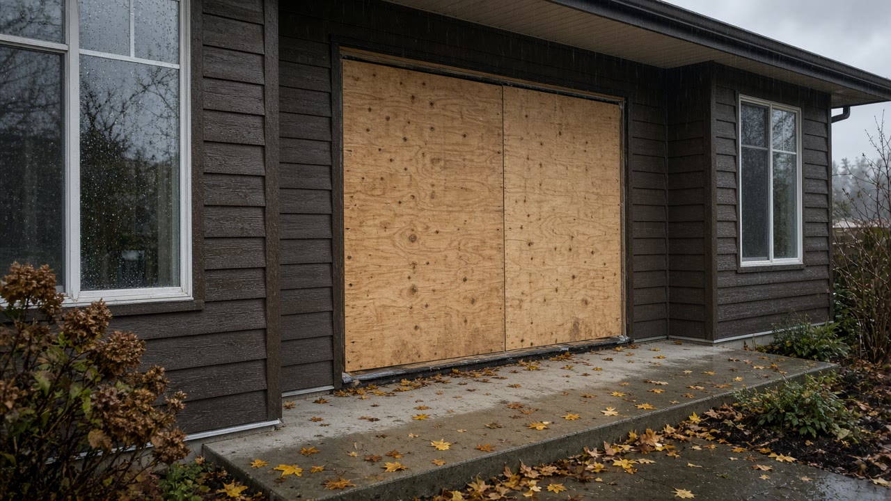 Temporary plywood board-up on a Metro Vancouver home window after fall storm glass damage