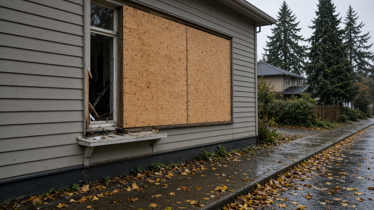 Temporary board-up on a Metro Vancouver window after fall storm damage