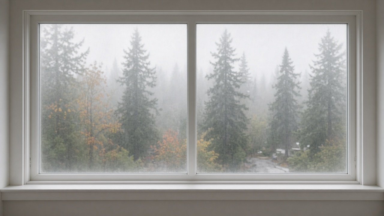 Fogged insulating glass unit with milky haze between panes in a Metro Vancouver home during the wet season