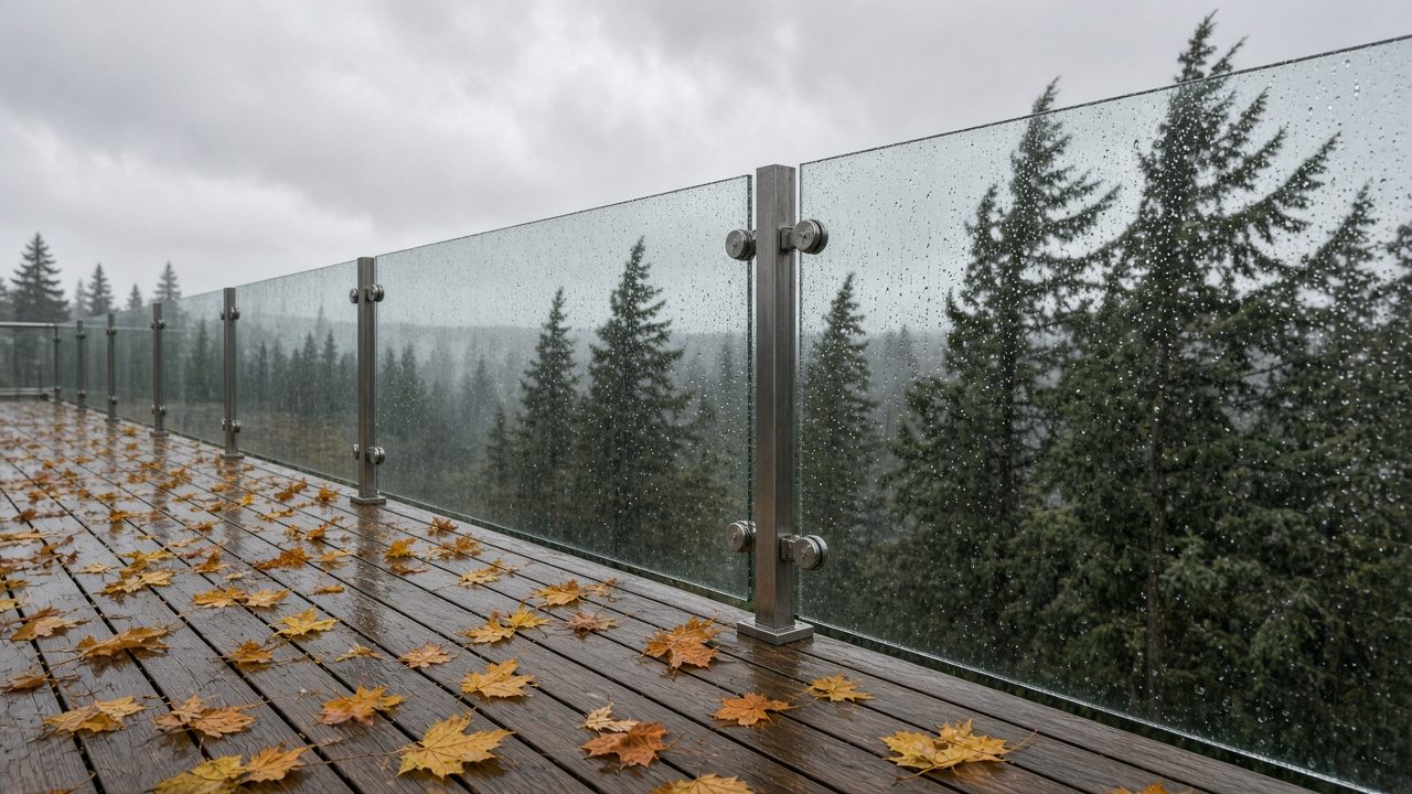 Glass deck railing on a Metro Vancouver home after a fall windstorm, with wet leaves on the deck boards