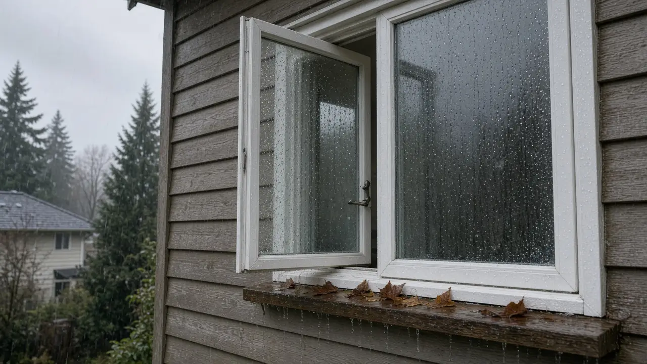 A rain-soaked casement window on wood siding, slightly open, with a crank handle visible and fallen leaves on the wet sill