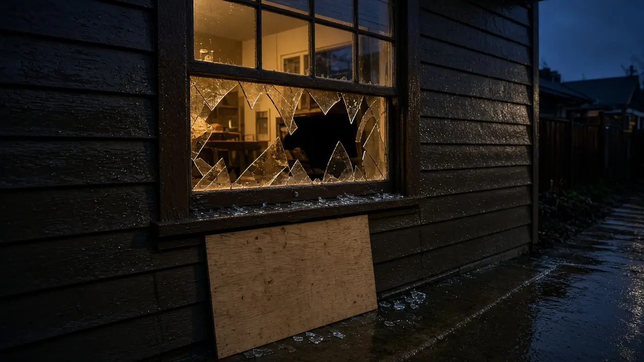 A rain-wet ground-floor window on a wood-sided house at dusk, with a smashed pane, glass on the sill, and a blank plywood sheet below