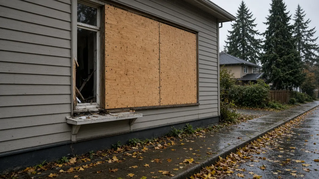 Temporary board-up on a Metro Vancouver window after fall storm damage