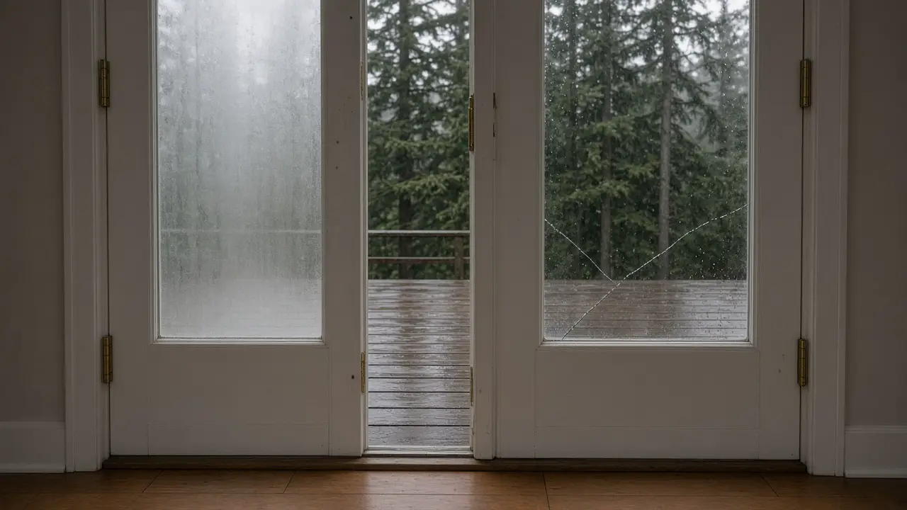 White French patio doors in a Metro Vancouver home on a rainy October day, one lite fogged between the panes and a crack low in the other, with a wet deck beyond the glass