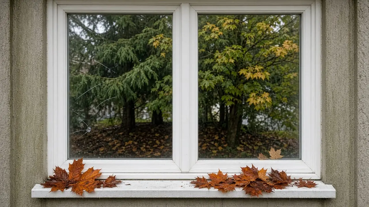 Close view of a double-pane window on a Metro Vancouver home in overcast fall light, with a small stone chip, fine scratches, and wet maple leaves on the sill