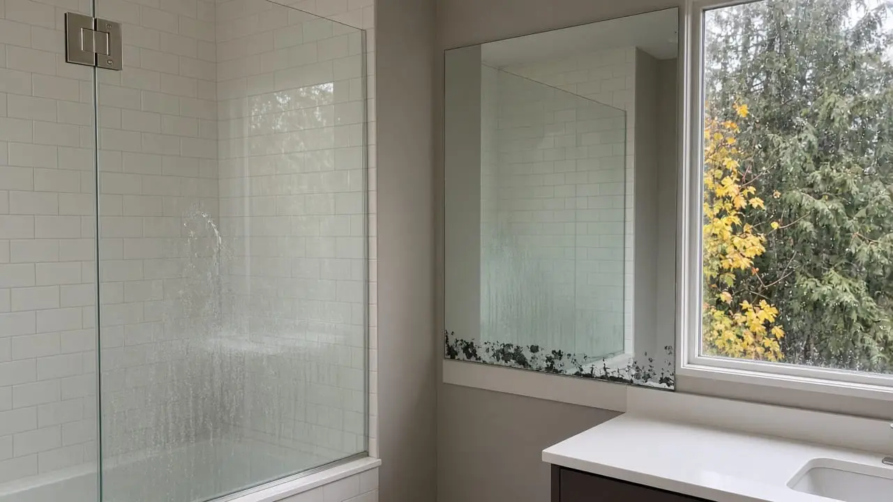 Frameless shower glass with mineral haze beside a bathroom mirror with a dark desilvered edge, in a Metro Vancouver home on a rainy fall day
