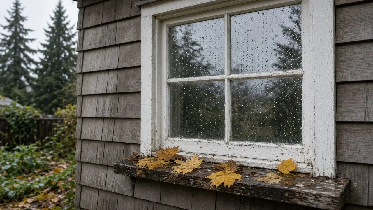 Rain on a single-pane wood window of an older Metro Vancouver home, with wet maple leaves on the white sill and grey October light