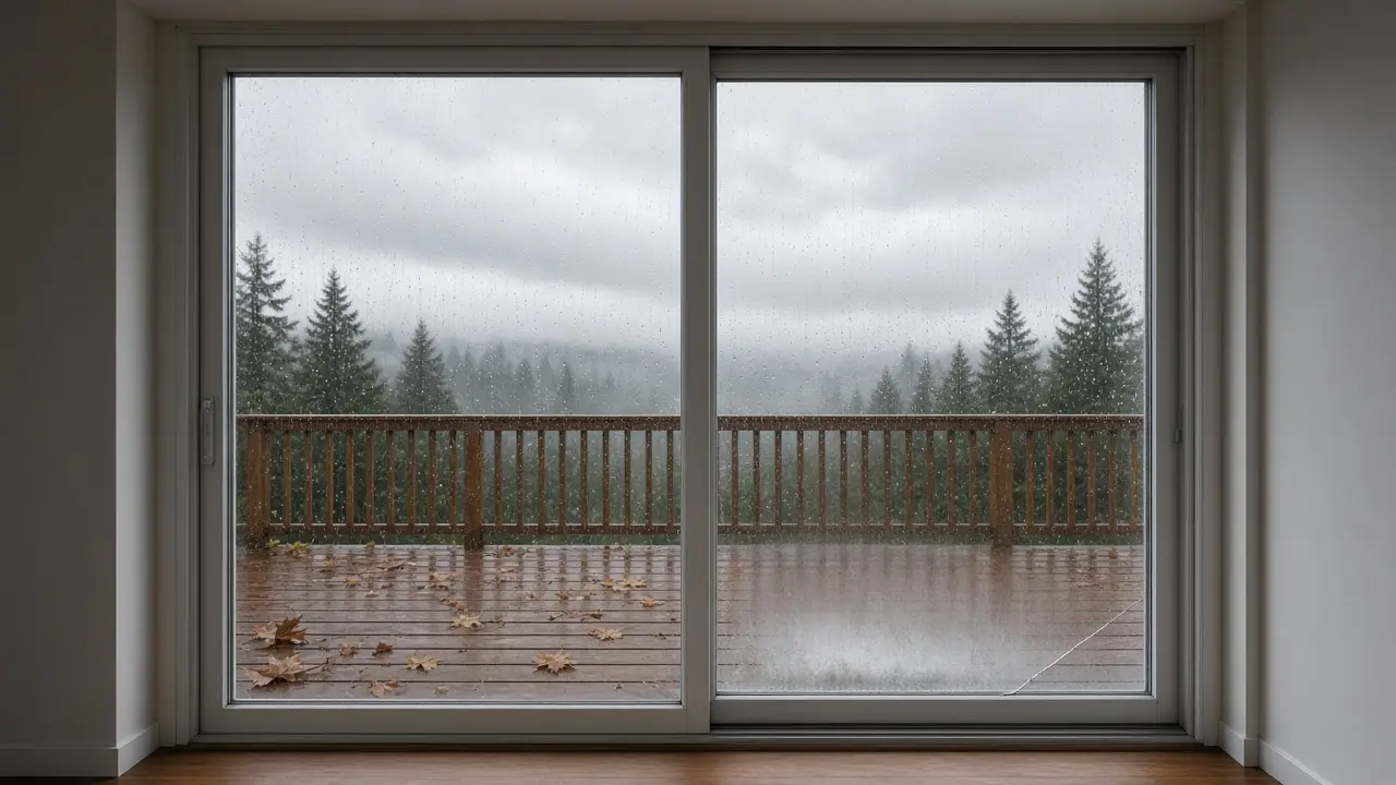 A rain-streaked sliding patio door looking onto a wet wooden deck with fallen leaves and misty evergreens