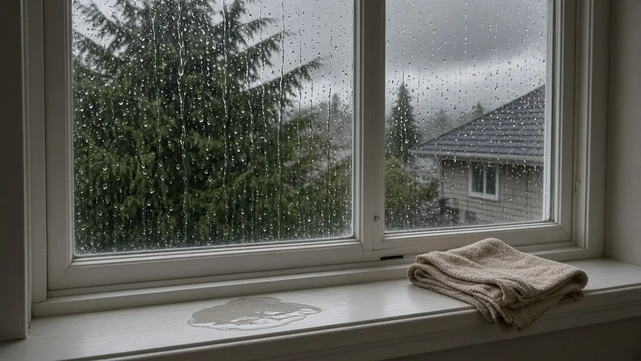 Rain-streaked living-room window in a Metro Vancouver home, with intact glass and a small puddle on the interior wood sill