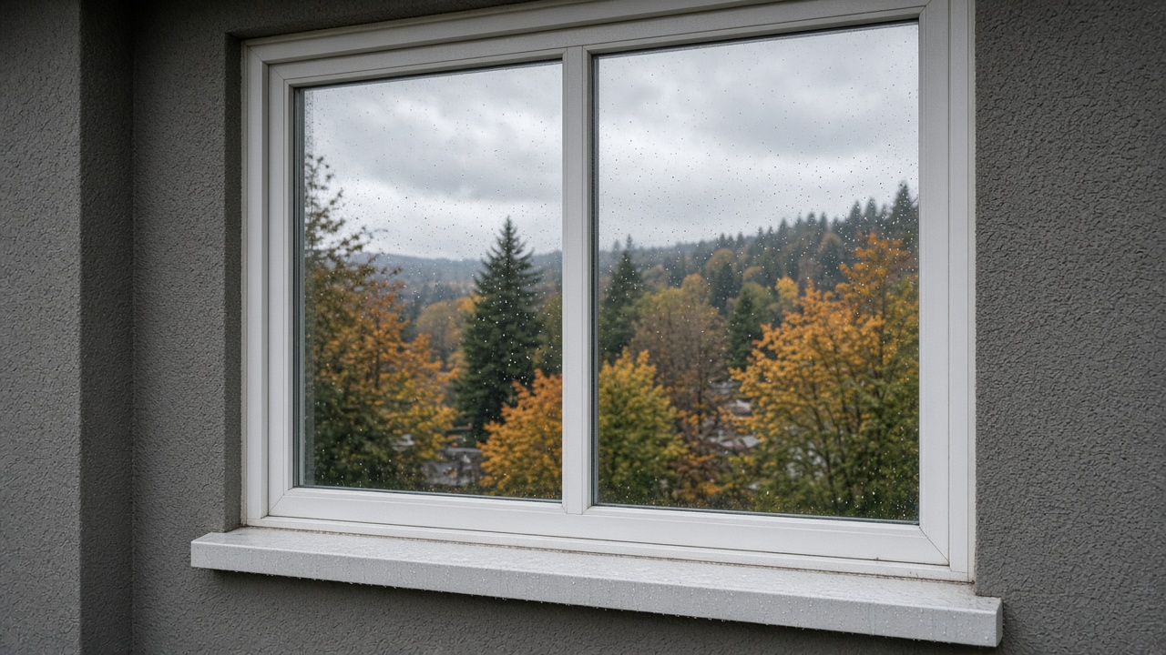 Clear modern insulated window on a Metro Vancouver home in wet fall light, suggesting a Low-E upgrade when replacing fogged glass