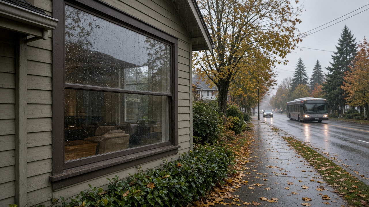 Street-facing window on a Metro Vancouver home in wet fall weather with traffic and rain outside