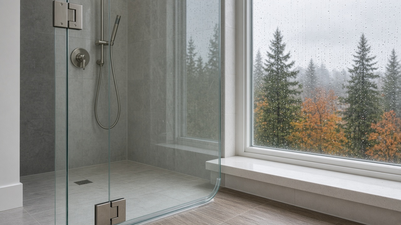 Frameless shower door with visible bottom sweep seal and brushed-nickel hinge hardware in a Metro Vancouver bathroom on a rainy fall day
