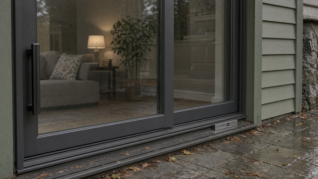 Sliding patio door on a Metro Vancouver home in wet fall weather with track and threshold visible