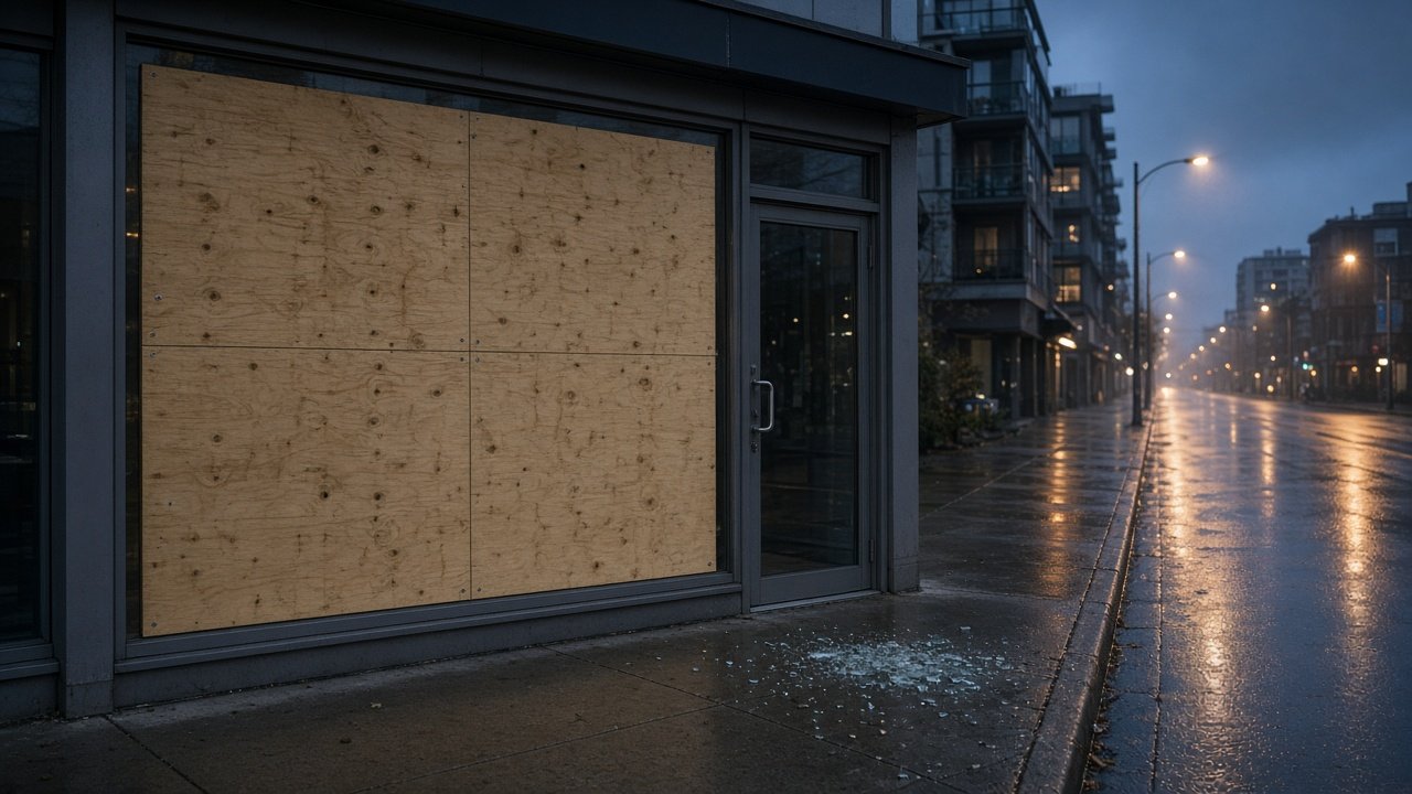 Overnight boarded storefront protecting a Metro Vancouver retail business after broken display glass