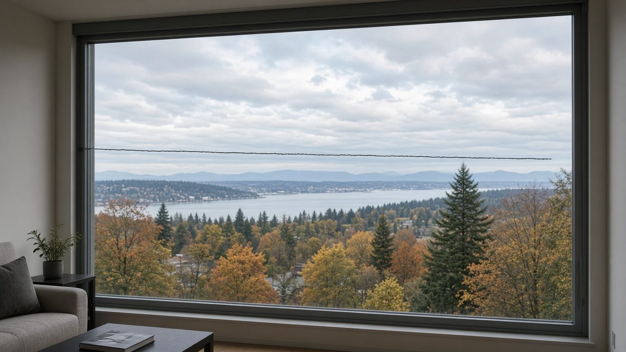 Single crack running from the frame edge across a living-room window on a cold fall morning in a Metro Vancouver home